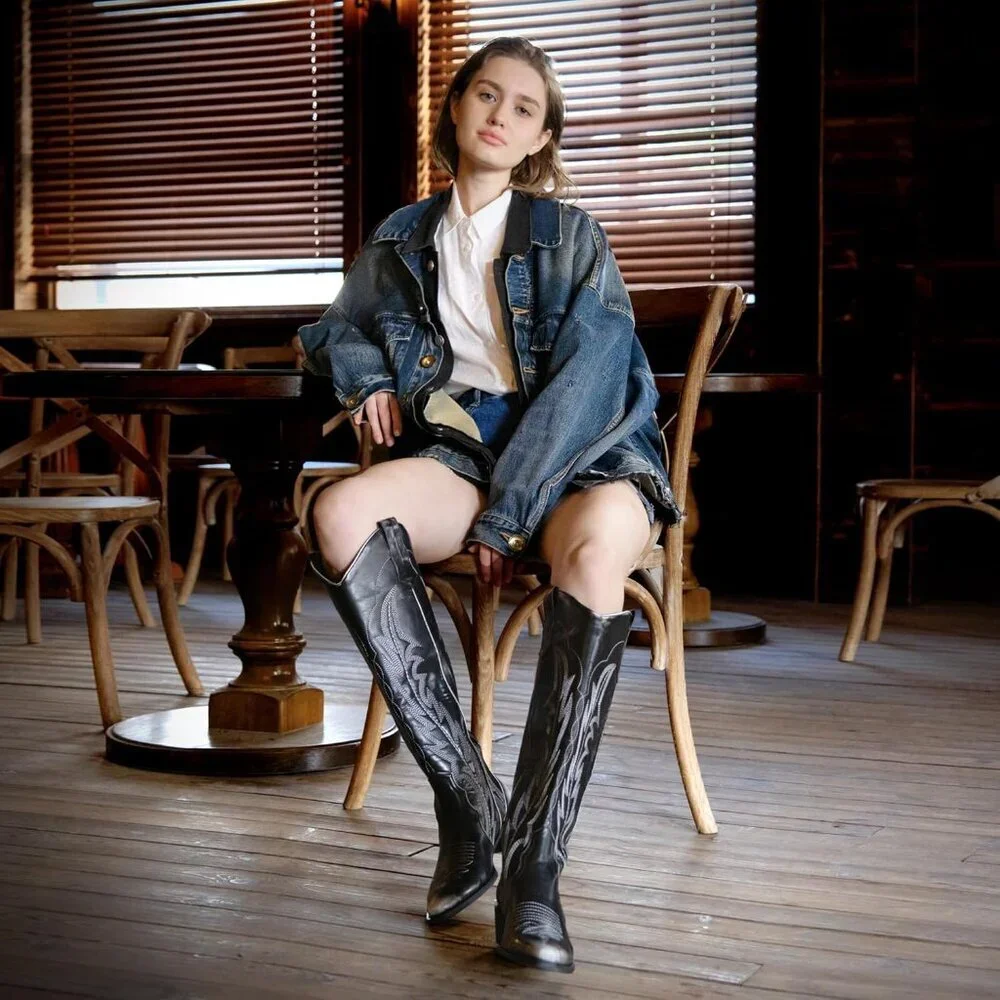 Women Silver Faux Leather Knee High Cowgirl Boots with Pointed Toe Block Heel